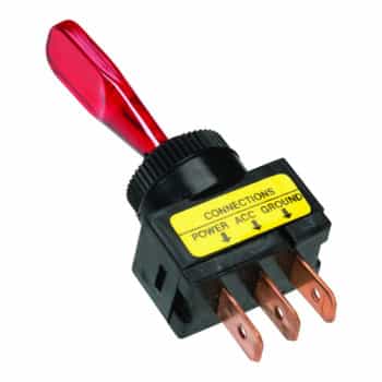 toggle switch red, with light bulb on-off 12v, 20a 3 tab contacts installation dimensions ø13mm